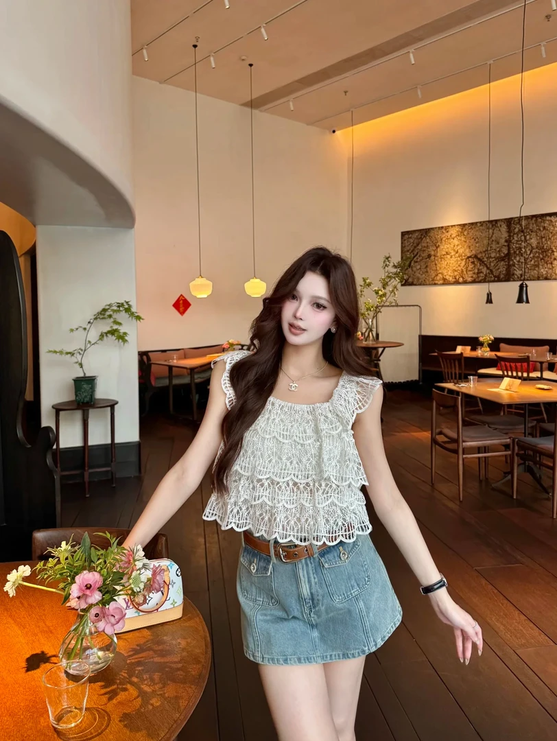 【CG-H】赵露思同款法式复古蕾丝钩花衬衫女夏季镂空设计感温柔背心