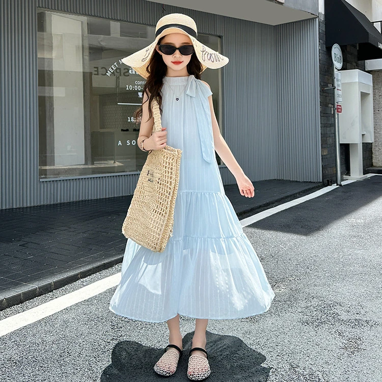 女童挂脖连衣裙夏季新款吊带公主裙长裙大童度假风裙子女孩沙滩裙