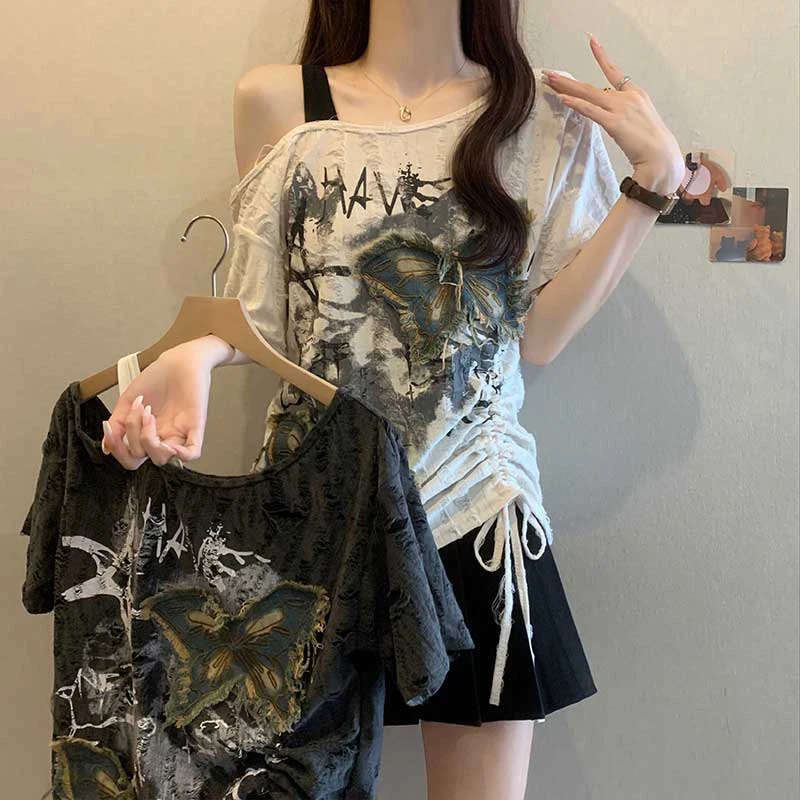 大码胖mm女装夏季复古蝴蝶上衣辣妹破洞抽褶短袖T恤微胖女生显瘦