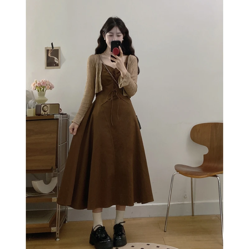 大码女装2025春夏辣妹连衣裙新款高级感系带显瘦A字长裙小开衫