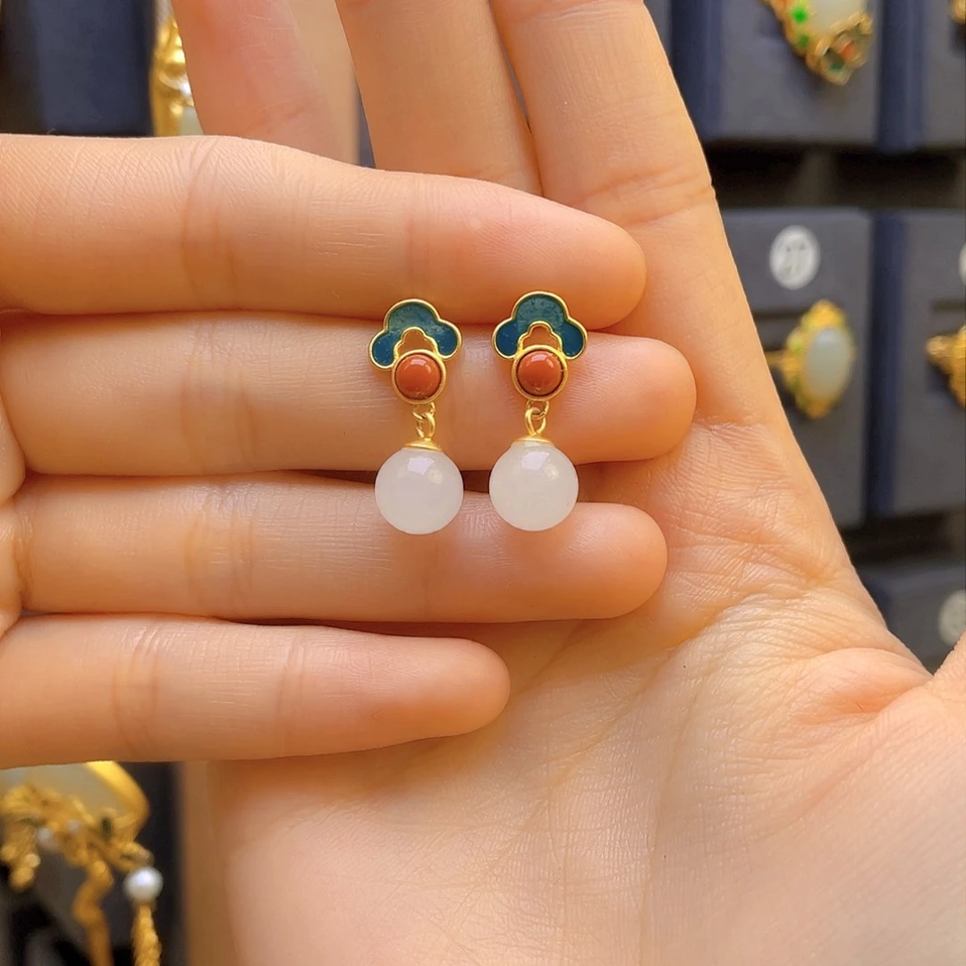 和田玉耳饰银S925镀金镶嵌