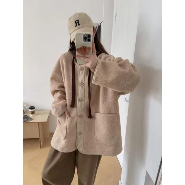 小雅姐姐 简约排扣毛绒绒慵懒风加厚连帽外套IK74