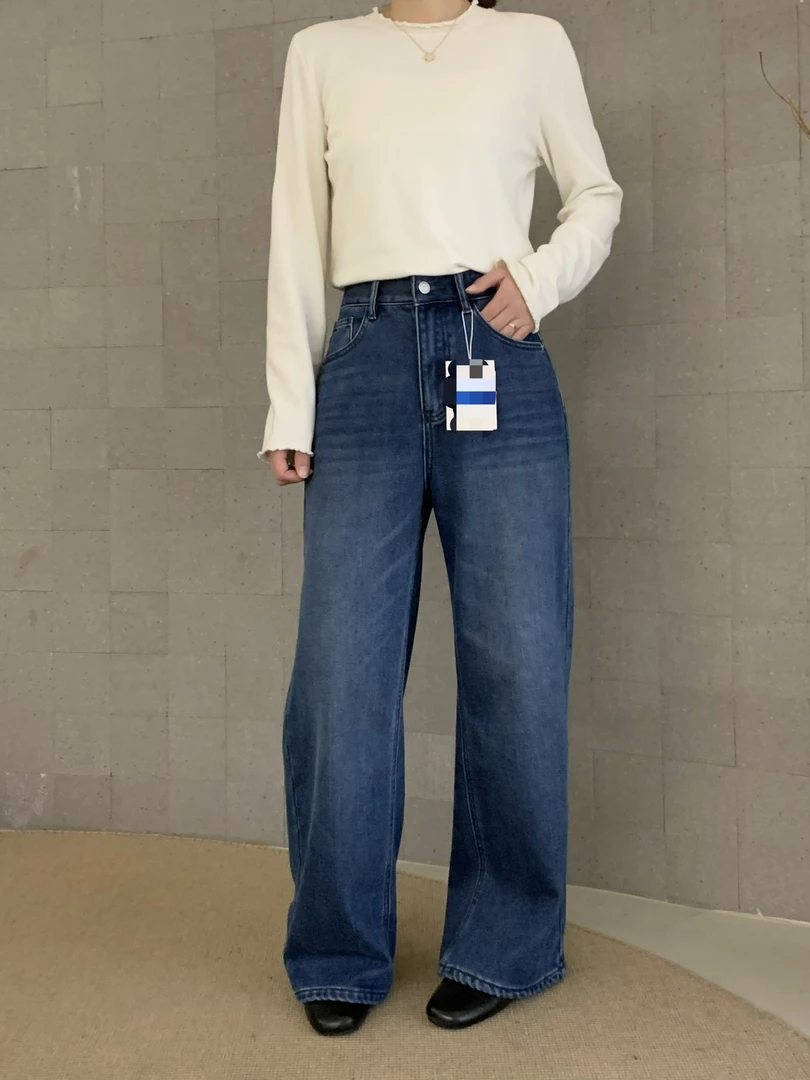 ZHANG&AO 新法式复古高腰水洗加绒牛仔裤 28842