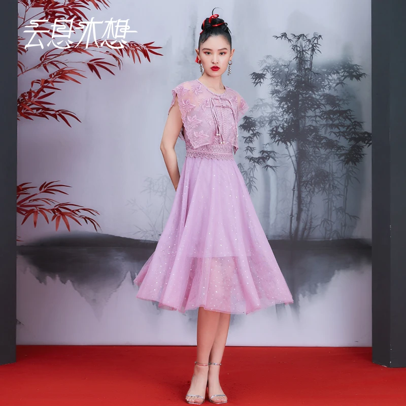 云思木想新中式2023夏季新款盘扣网纱气质女士连衣裙10740