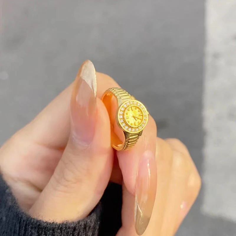 925银戒指 爆款女戒厚镀k金指针戒指镶钻时尚女款金色精致可调节