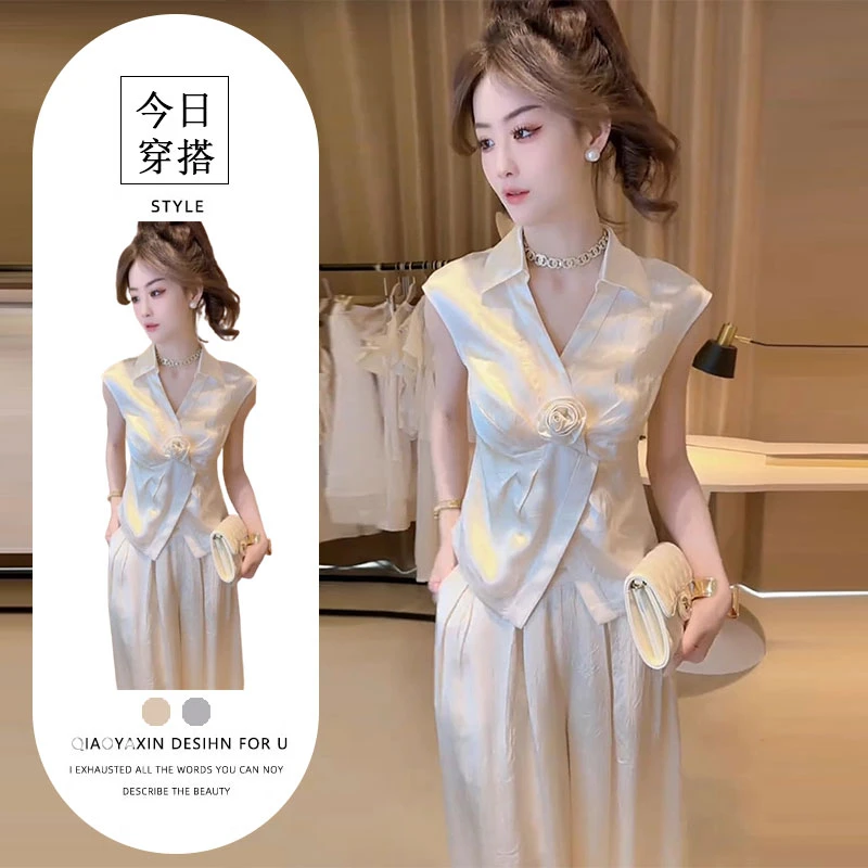 夏装搭配一整套干练气质轻奢高级感立体花朵缎面无袖衬衫裤子套装