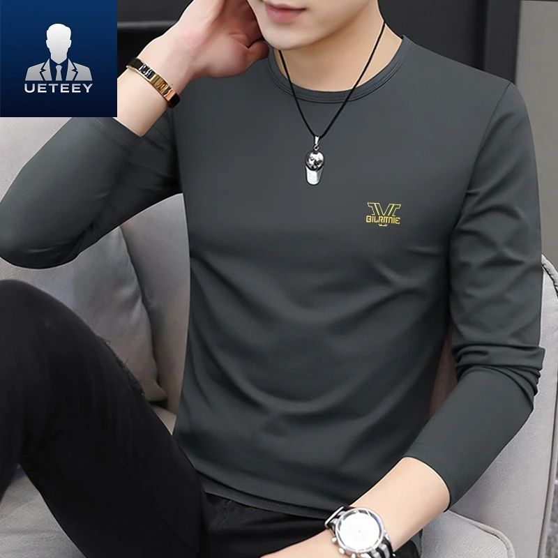 高端莫代尔白T恤男士长袖春秋季新款时尚柔软打底衫内搭卫衣男款