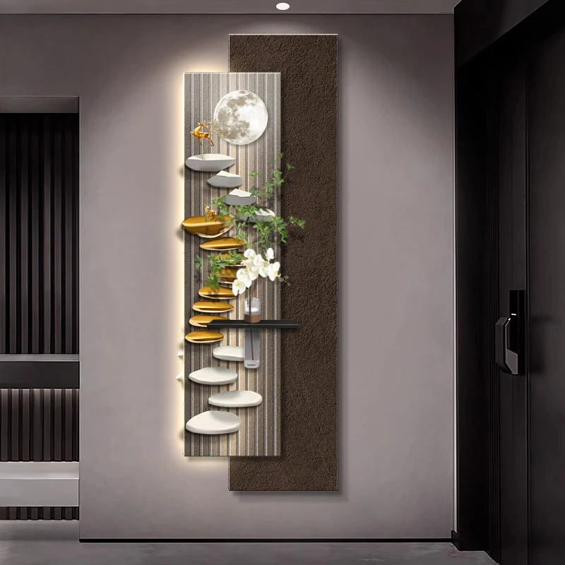 轻奢步步高升玄关装饰画高级感入户门墙挂画水培绿植墙壁灯画晶瓷