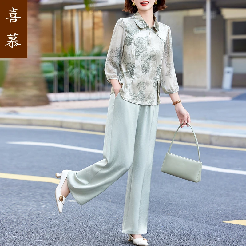 新中式国风套装妈妈装2025春中老年绣旗袍上衣阔腿裤长裤两件套