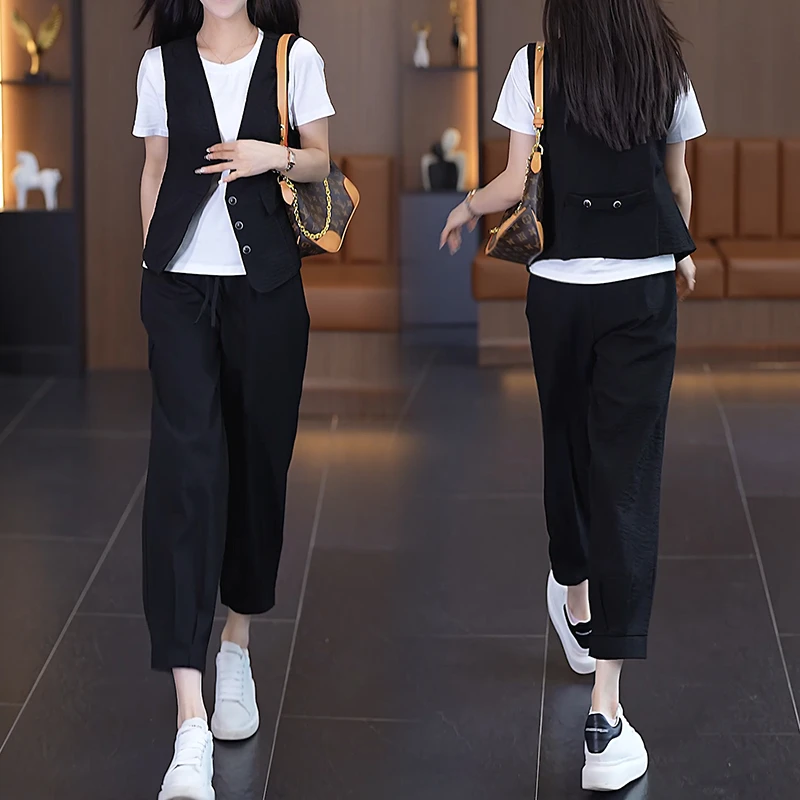 拉夏贝尔小个子穿搭工装套装2025夏季女潮时尚显瘦裤子马甲三件套
