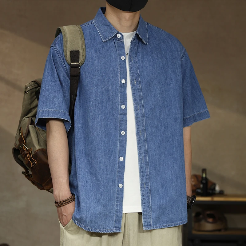 夏季薄款莱赛尔竹节纹牛仔短袖衬衫男美式高端复古宽松衬衣外套潮