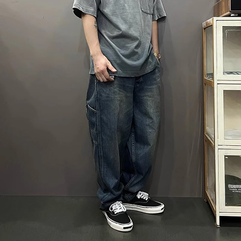 狠货！初代跨牛日系复古宽松14盎司重磅水洗做旧低裆垮裤九分牛裤