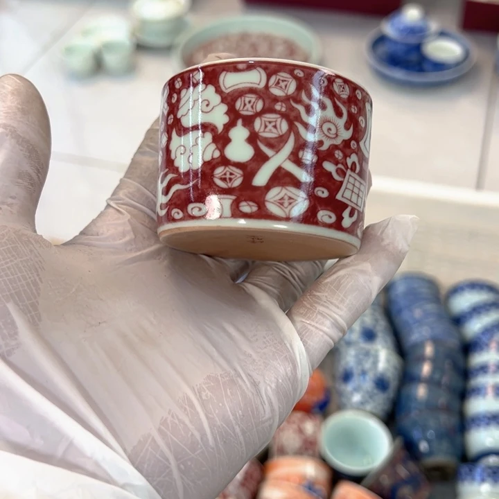 瓷片釉里红八宝纹直筒杯客杯全品