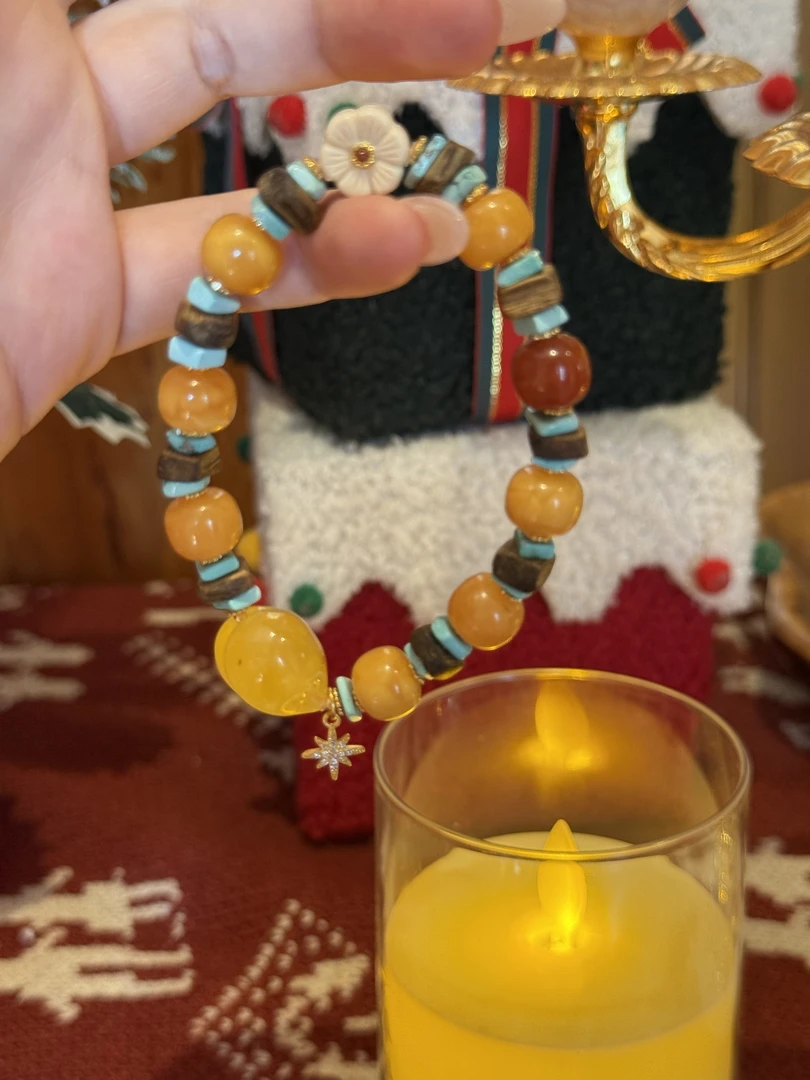 非金属树脂手链 拼色民族风屁桃小珀沉香牙牙手链