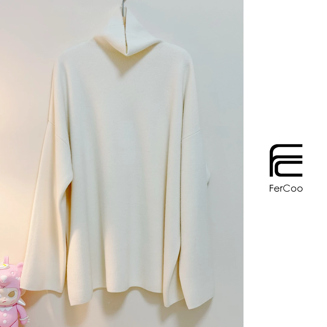 FERCOO“暖意初临”进口四平针加厚高领显瘦宽松中长款针织衫女