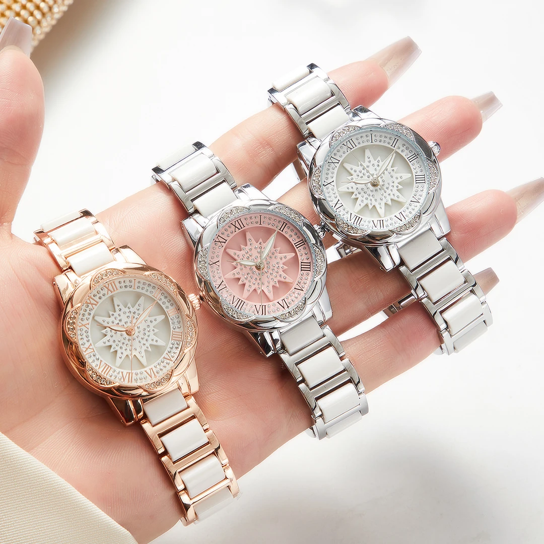 时尚气质幸运女神三色太阳花可转表盘间陶瓷精钢石英女表9121L-2