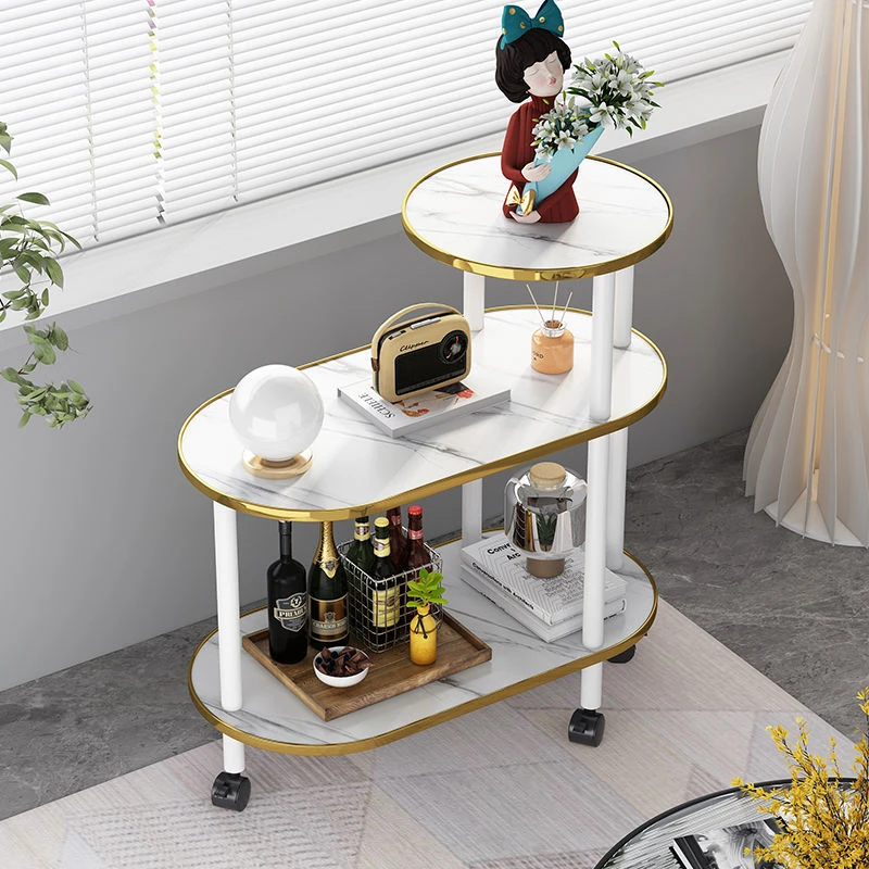 卧室可移动沙发边几茶几小户型岩板大理石纹边装饰客厅实木置物架