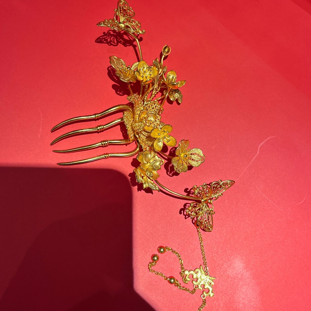 鳳喆錾刻镂空花丝精工工艺设计师款花簪步摇足金999