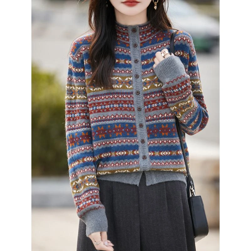 法式高端费尔岛覆古提花毛针织开衫女2025秋冬新加厚保暖打底毛衣