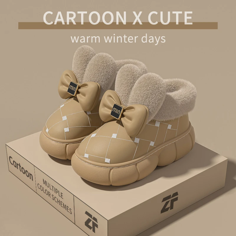 高质量防水棉拖鞋女士可爱蝴蝶结厚底踩屎感加绒冬天保暖棉鞋女童