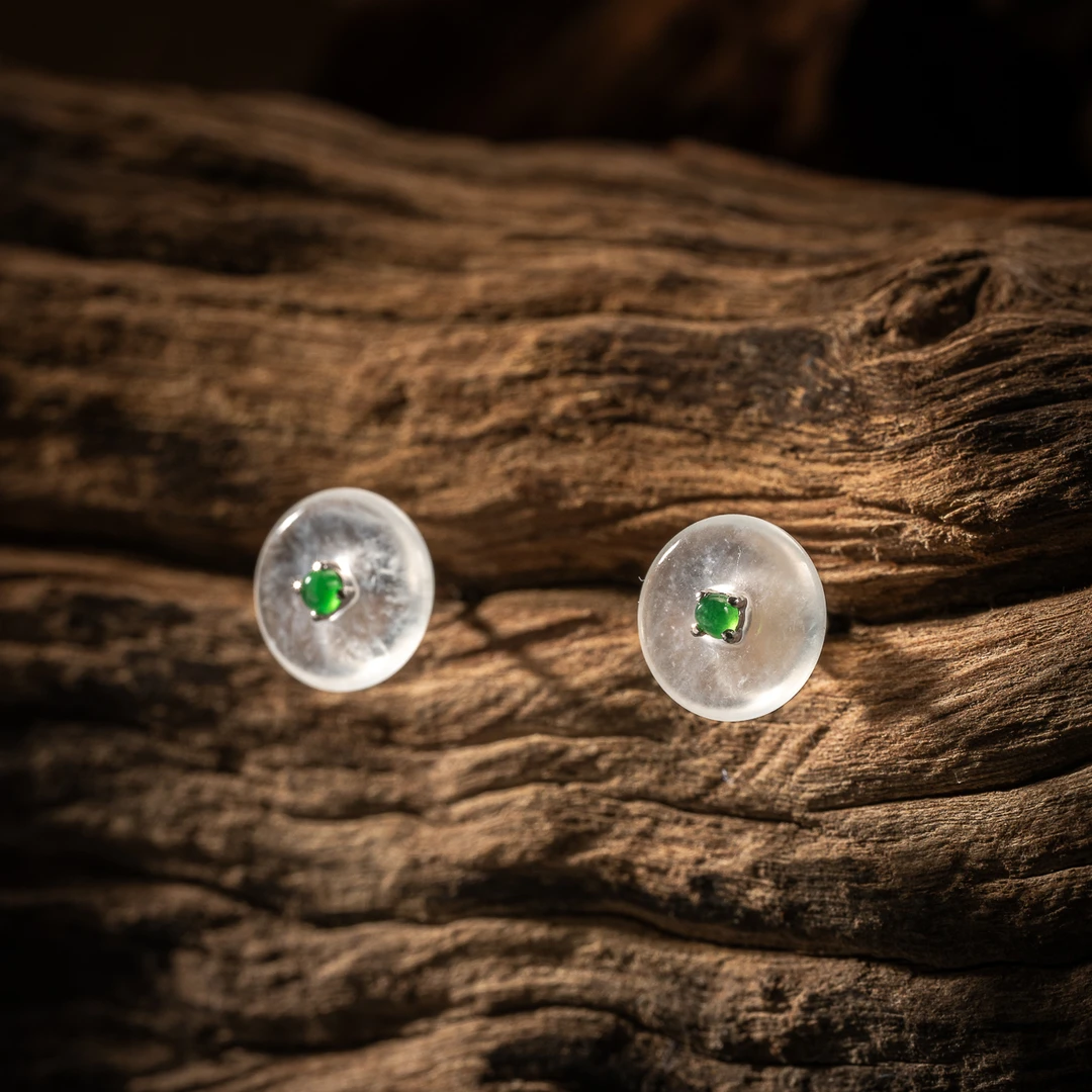 玻璃种翡翠平安扣耳钉 18K金 简约精致百搭