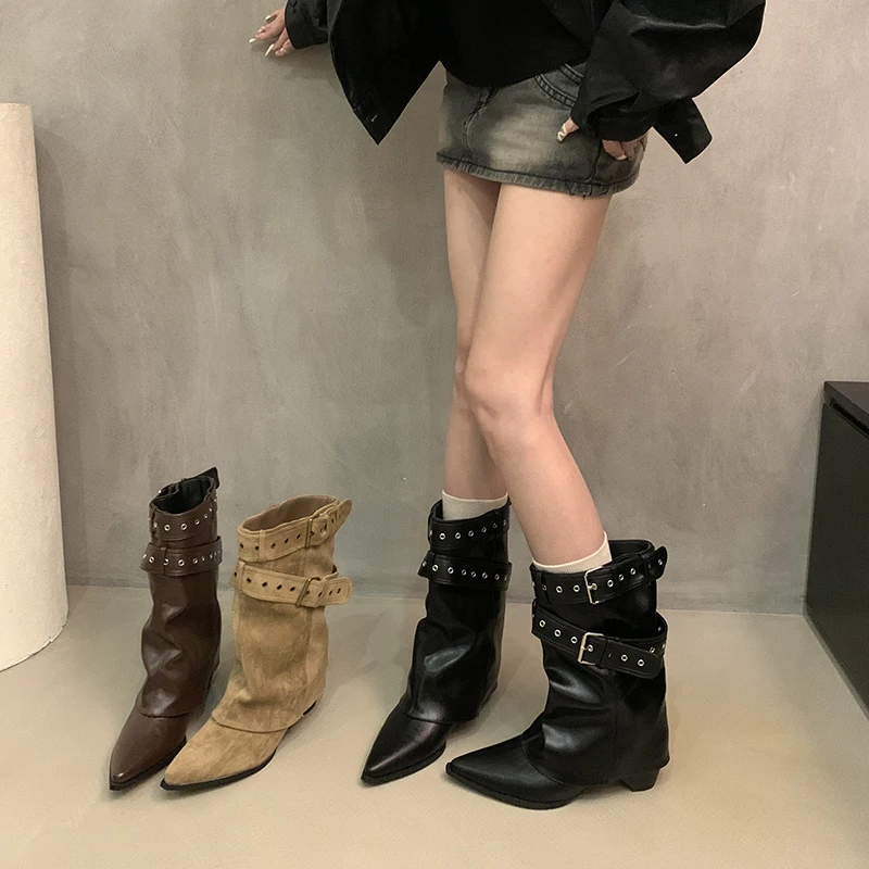 美式辣妹皮带扣裤管靴短筒靴女靴2025早秋新款小众设计短靴西部靴