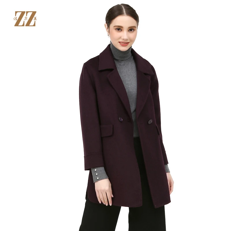 佐尔美新品冬季女装纯色百搭修身显瘦双面呢羊毛大衣外套E74SM22