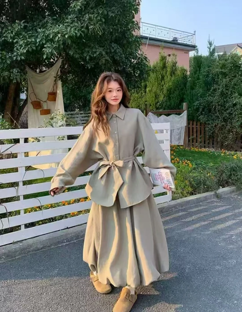 大码胖MM休闲风慵懒风INS风时尚套装法式宽松衬衫上花苞长裙套装