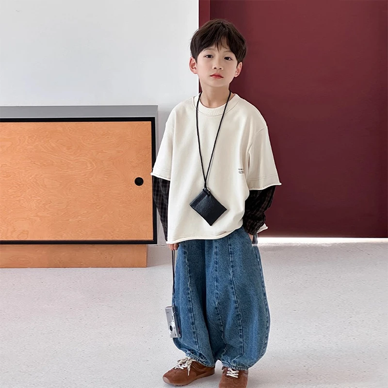 儿童长袖t恤男童卫衣春秋款假两件秋季新款中大童男孩日系上衣潮t