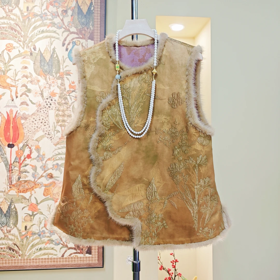 南油新中式百搭香云纱蚕丝老钱风两面可穿马夹复古厚款女棉马甲