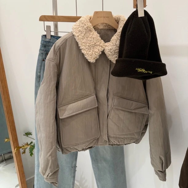 25128冬季新款翻领毛毛拼接宽松加厚休闲保暖工装棉服外套