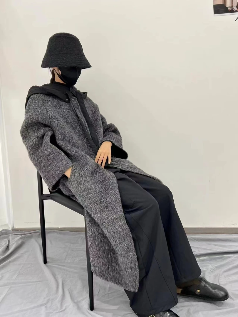 保暖秋冬长款薄款女方领毛呢外套毛呢设计师气质宽松中长款