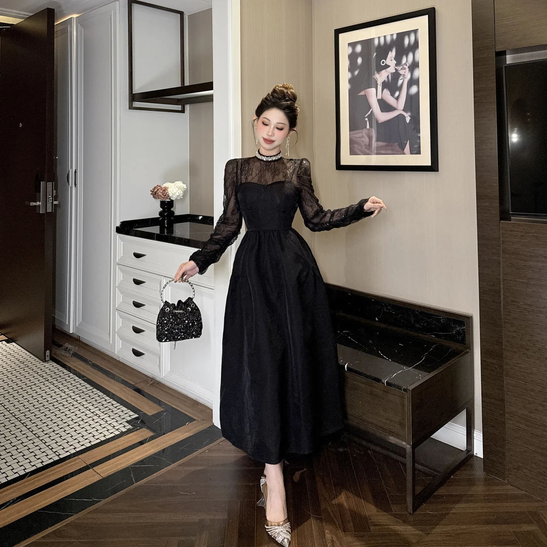 【惠子原创】气质优雅法式长款名媛收腰显瘦修身赫本风连衣裙9965