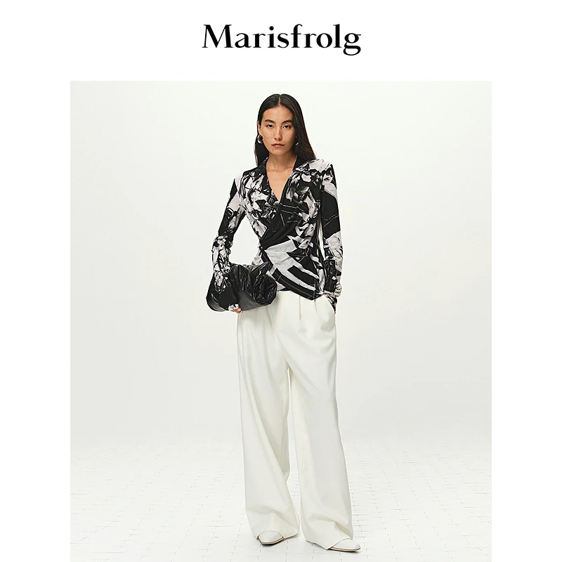 Marisfrolg玛丝菲尔白色休闲复古宽松黑色条纹设计感T恤A1FZ12391