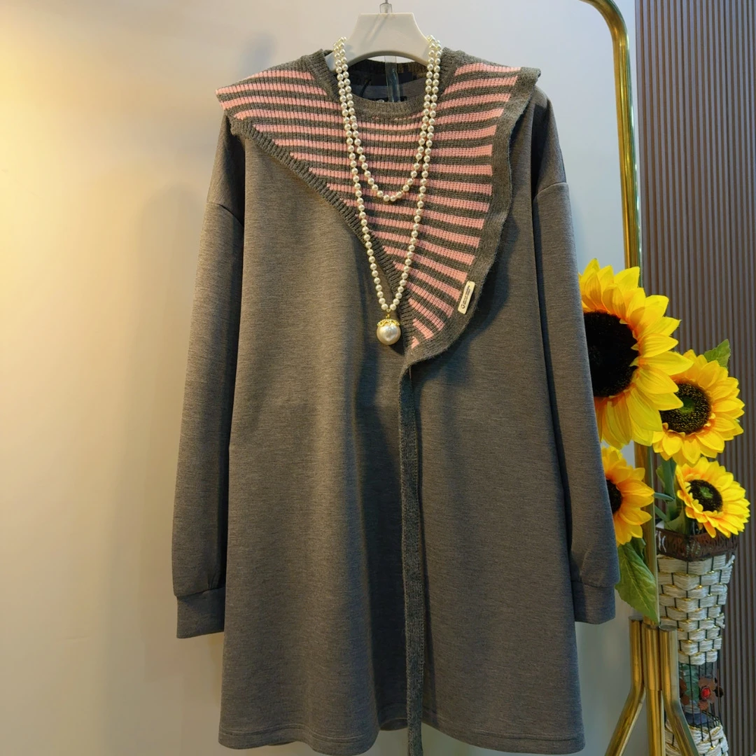 YDD新款圆领中长宽松条纹披肩洋气长袖T恤卫衣裙两件套