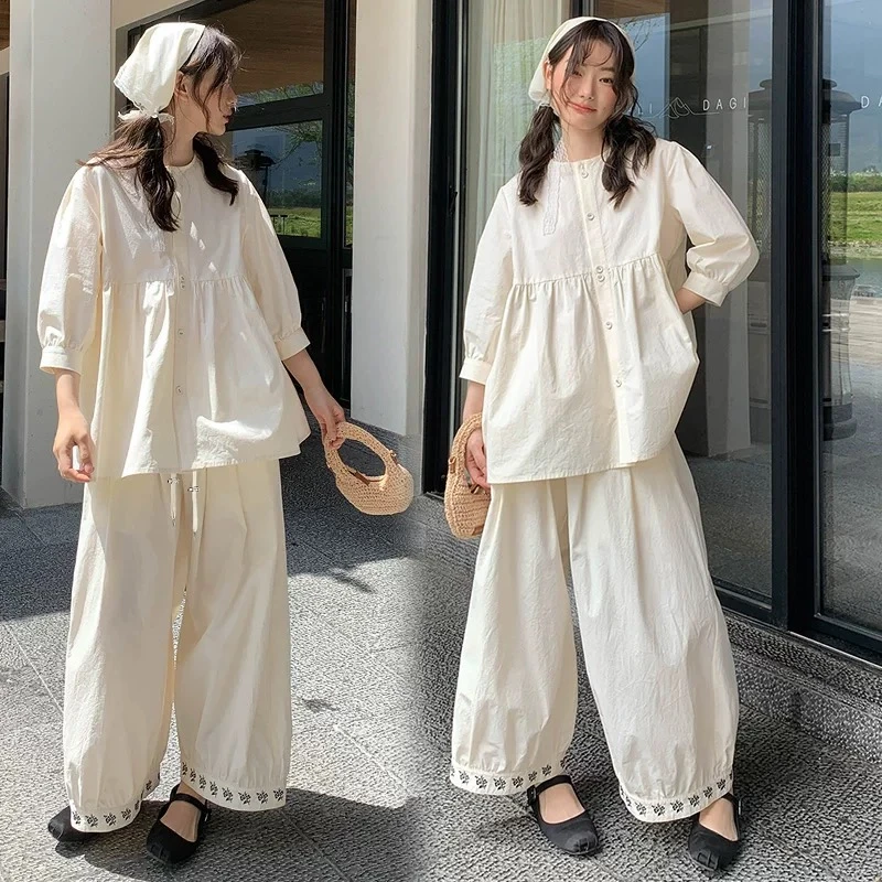 孕妇套装2025春夏新款休闲减龄宽松哇哇衫+阔腿刺绣长裤两件套