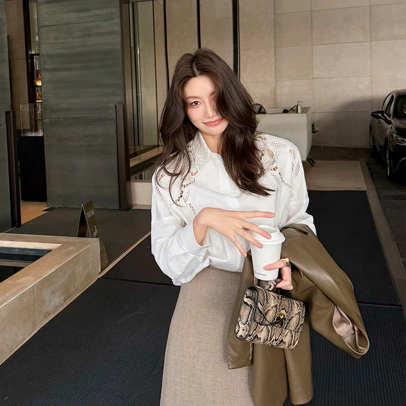 【Alone Savor】祝好运 春季100棉镂空绣花垂坠感休闲白衬衫K023