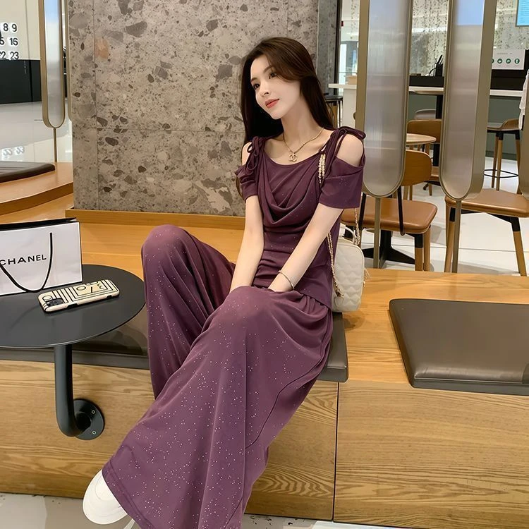 亮片镂空高级时尚套装女夏季新款洋气休闲露肩短袖阔腿裤两件套潮