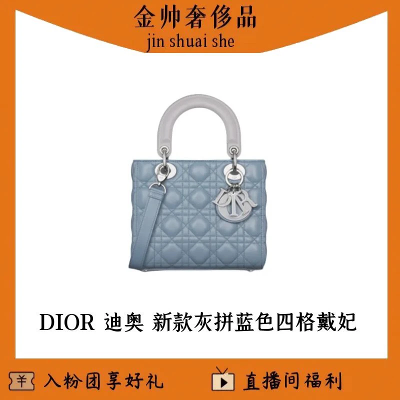 99新 DIOR/迪奥 新款灰拼蓝色/四格戴妃/手提包/单肩包/B5174