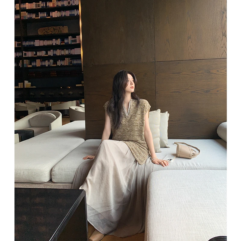 ADA MISS气质时髦假两件花式纱拼接网纱重磅大摆连衣长裙女夏新款