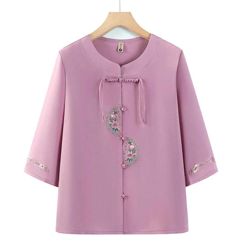 奶奶春夏季薄款中袖衬衫中老年人夏装女60岁70老太太妈妈时尚上衣