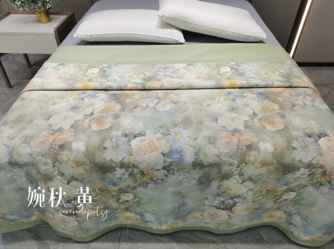 【婉秋绗缝黄绿】200*230cm高端羽丝棉双用透气超柔床盖四季床盖