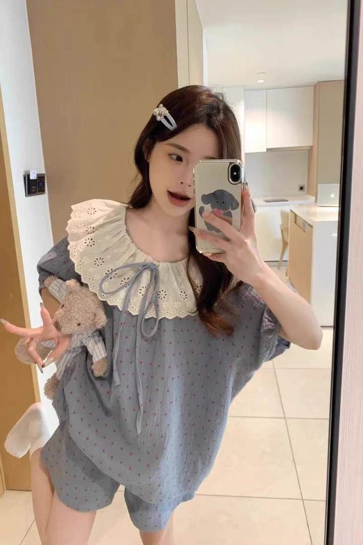【莓果甜心】夏季新款甜美睡衣女娃娃领花边短袖短裤外穿家居服套装