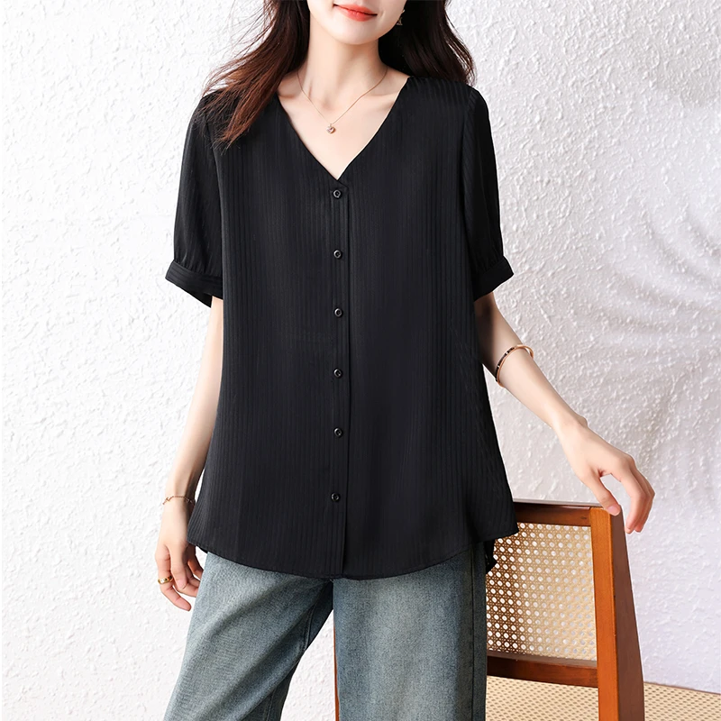 2025新款女装条纹V领时尚显瘦宽松短袖衬衫大码女装洋气小衫上衣