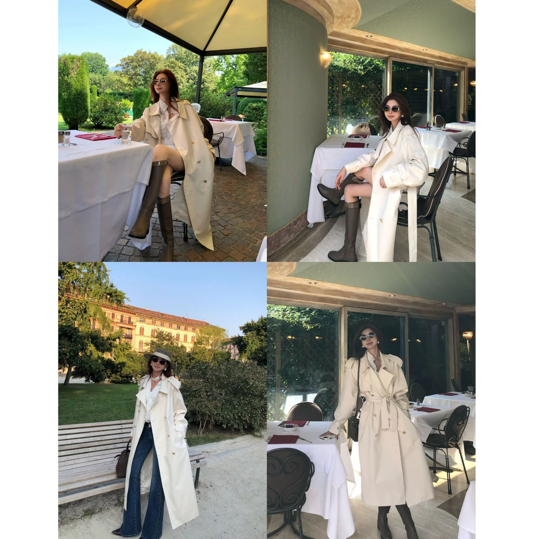 婉君W【巴黎旧梦】英伦风大翻领双排扣长款风衣外套LWJ25C3C2278