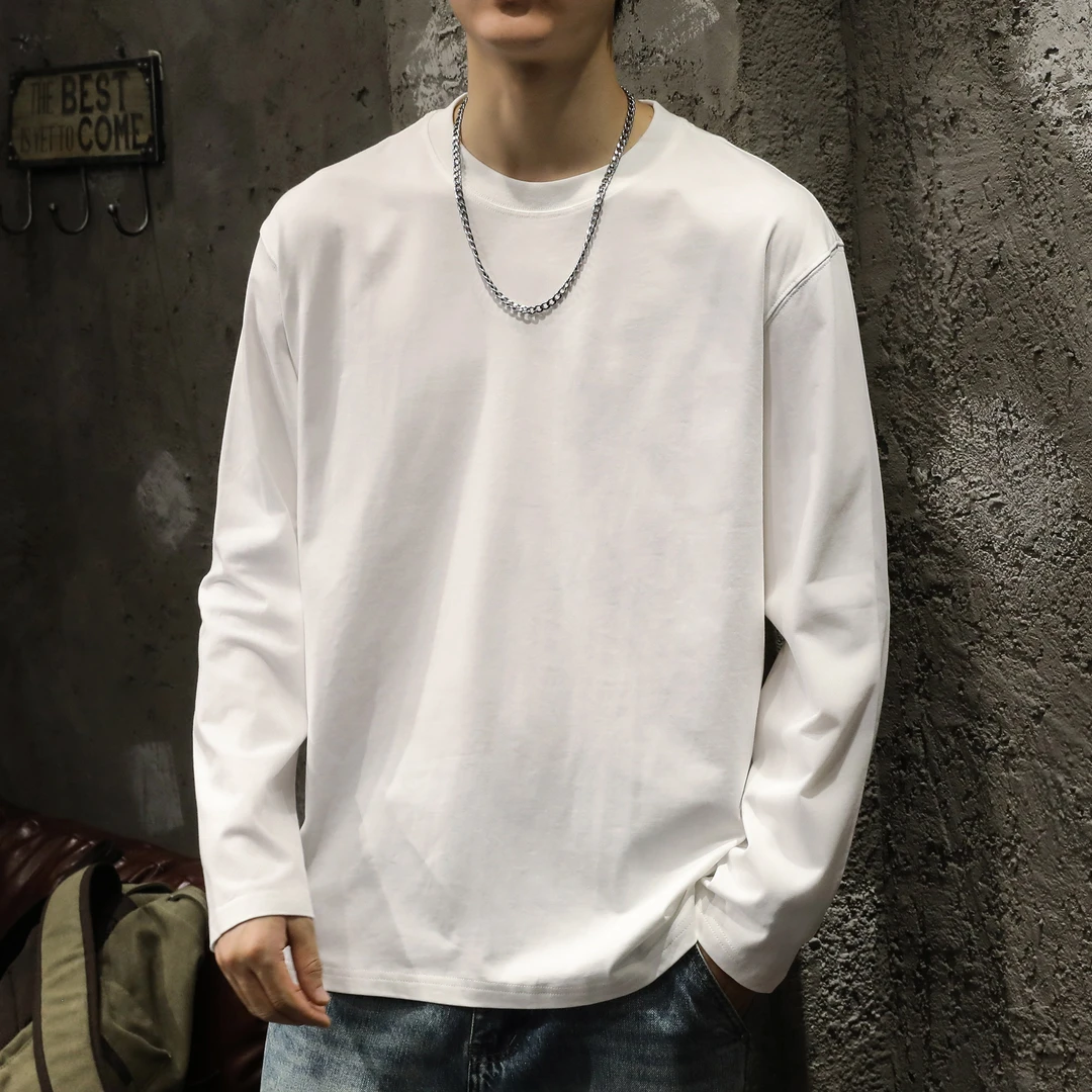 260g重磅纯棉白色长袖T恤男打底衫春秋季内搭上衣服男装圆领卫衣t