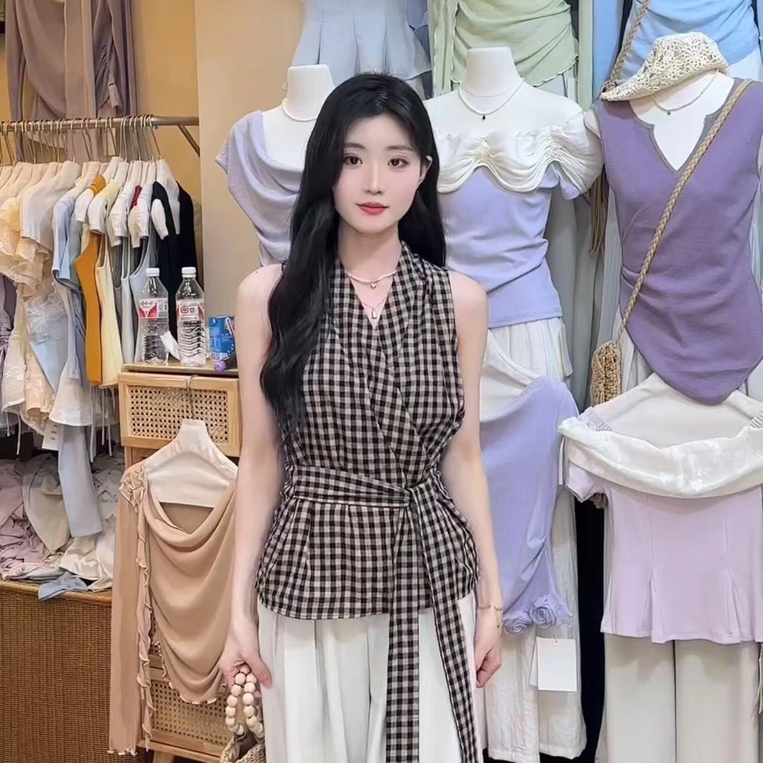 法式抹胸咖色格子吊带背心女夏季外穿独特超好看收腰辣妹无袖上衣