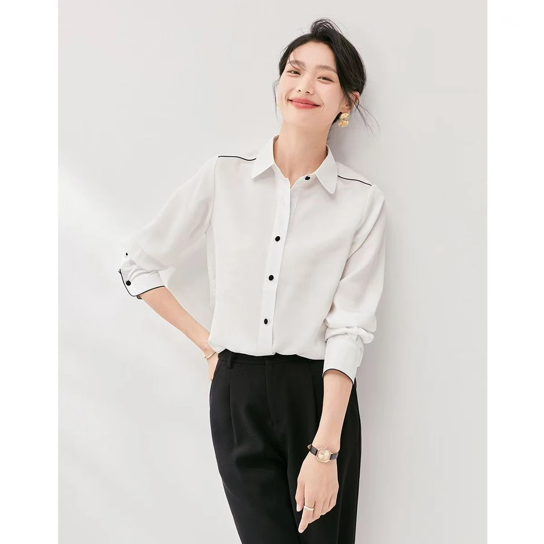 0503气质POLO领时尚法式白衬衫春季长袖法式小众韩版拼接