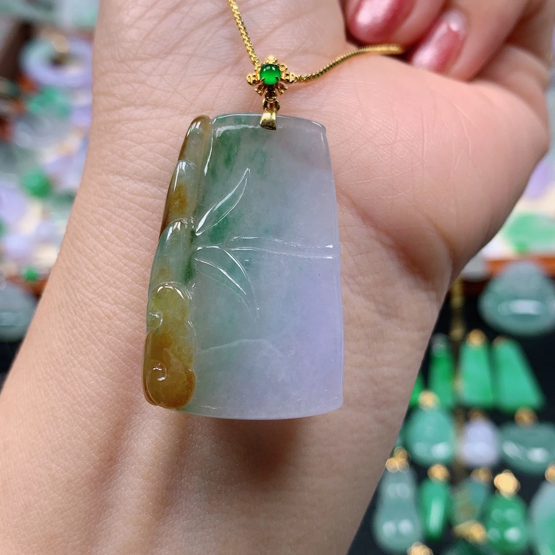 缅甸天然A货翡翠，冰三彩竹节，编号457/1213尺36.6-23.5-4.6