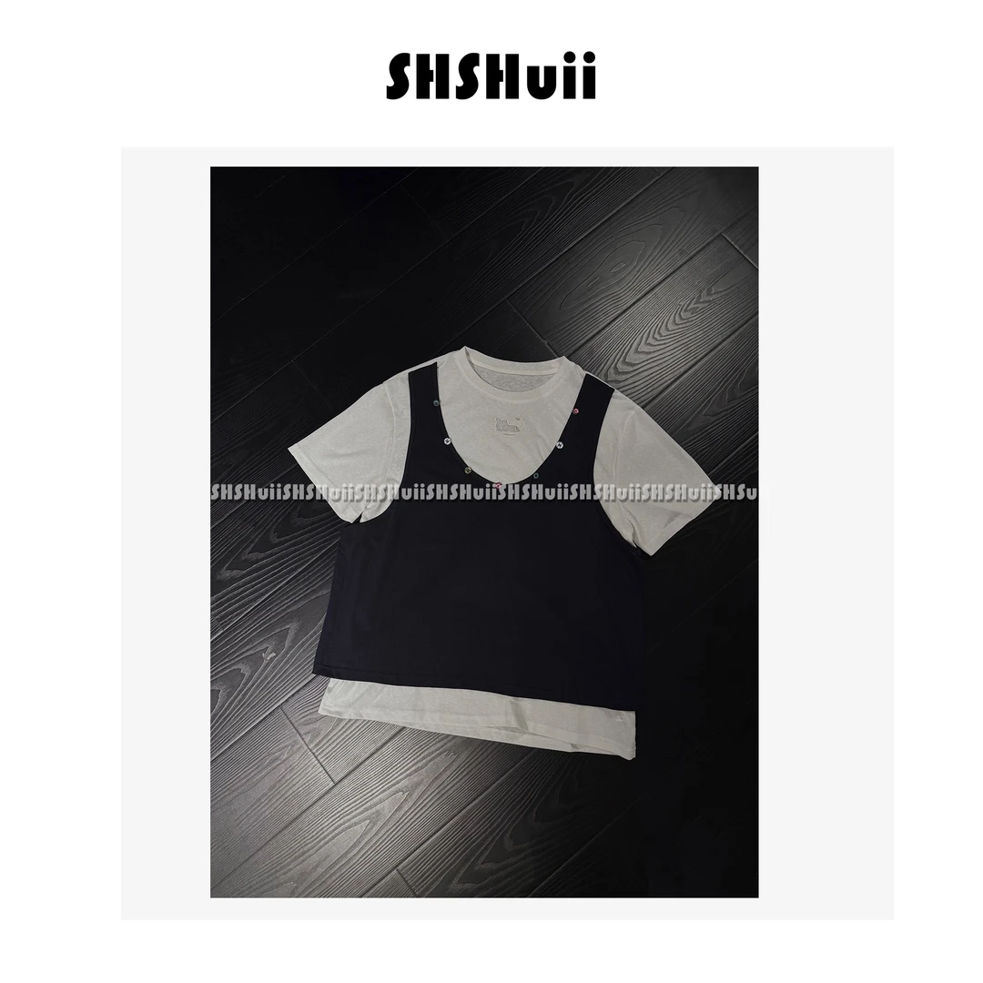 SSHuii【kT猫】设计感镂空刺绣kt猫假两件短袖体恤